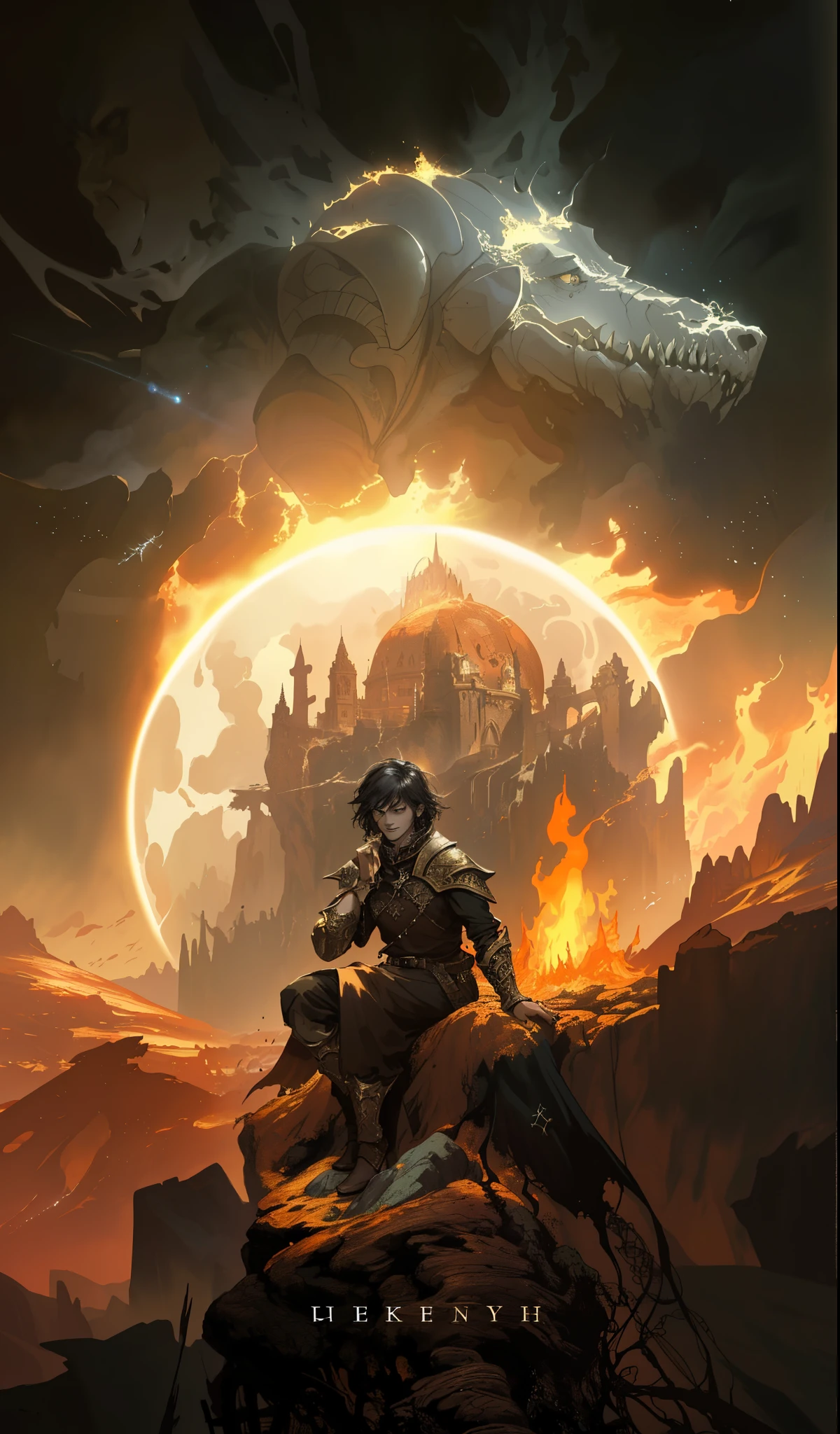 a close up of a person sitting on a rock with a fire in the air, by Johfra Bosschart, apocalypse art!!!!, dramatic fantasy art, apocalypse art, amazing d & d dark sun art, epic fantasy sci fi illustration, epic scifi fantasy art, dramatic concept art, apocalyptic fantasy, the world on fire, fantasy epic digital art, epic fantasy digital art