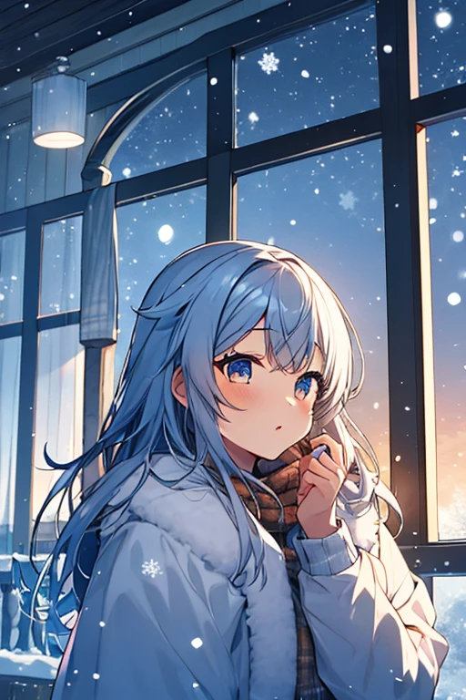 1girl, long_hair, window, winter, silhouette, snow, frost, indoor, christmas_decoration, dreamy_expression, warm_lighting, snowing_outside, detailed, soft_colors