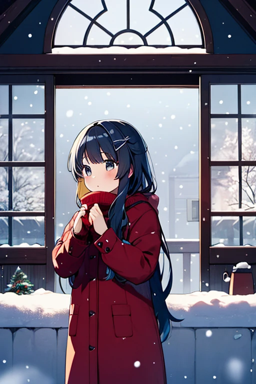 1girl, long_hair, window, winter, silhouette, snow, frost, indoor, christmas_decoration, dreamy_expression, warm_lighting, snowing_outside, detailed, soft_colors