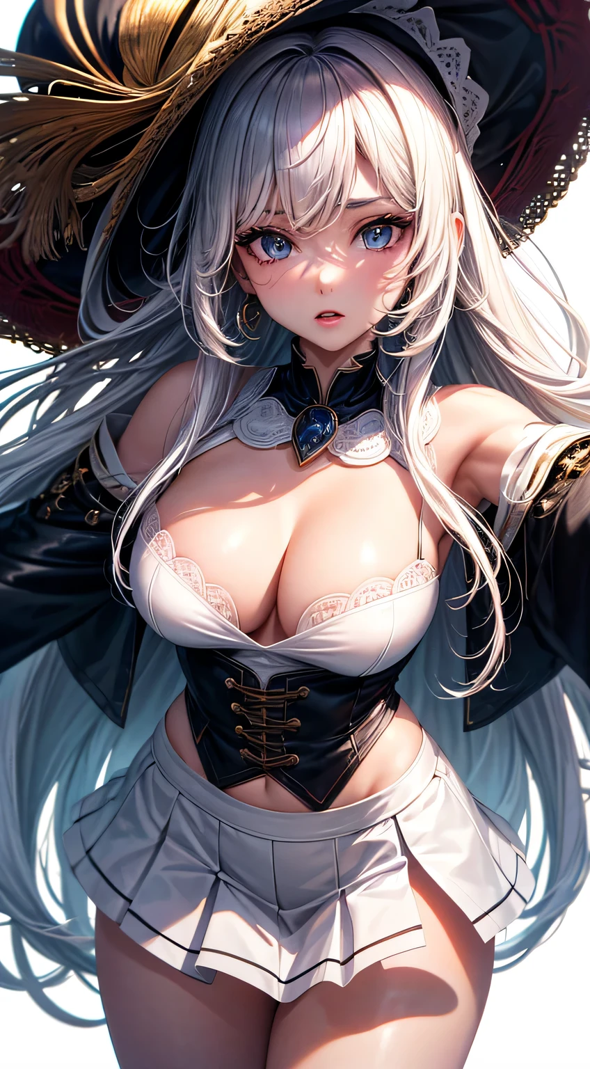 (best quality:1.5, highres, UHD, 4K, detailed lighting, shaders), white wavy hair, gradient hair, large breasts, black shirt, skirt jeans, mature woman , black Witcher hat, (pov), white background, colorful red eyeshadow, dramatic lighting, sparkling eyepression, golden earrings, flowing hair, delicate facial features, soft skin, high cheekbones, white background, stand up, lean forward.
