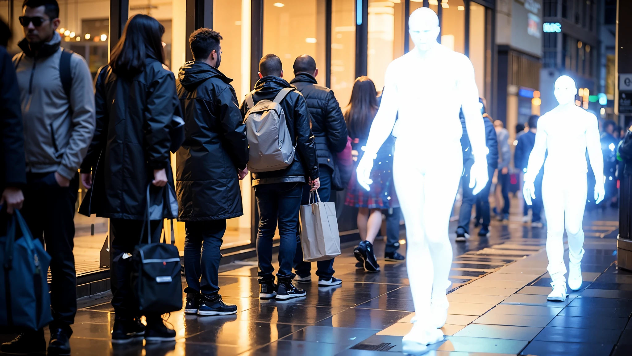 two glowing people walking down a city street at night with neon lights, distant glowing figures, human glowing, holy spirit light, spirit beings , glowing people, neon cybernetic implants, glowing cybernetic augments, human futuristic city, ghostly figures, huge holograms, many beings walking about, inspired by Bruce Nauman, dark figures walking, glowing sprites, realistic image, 16k resolution, capture by footage