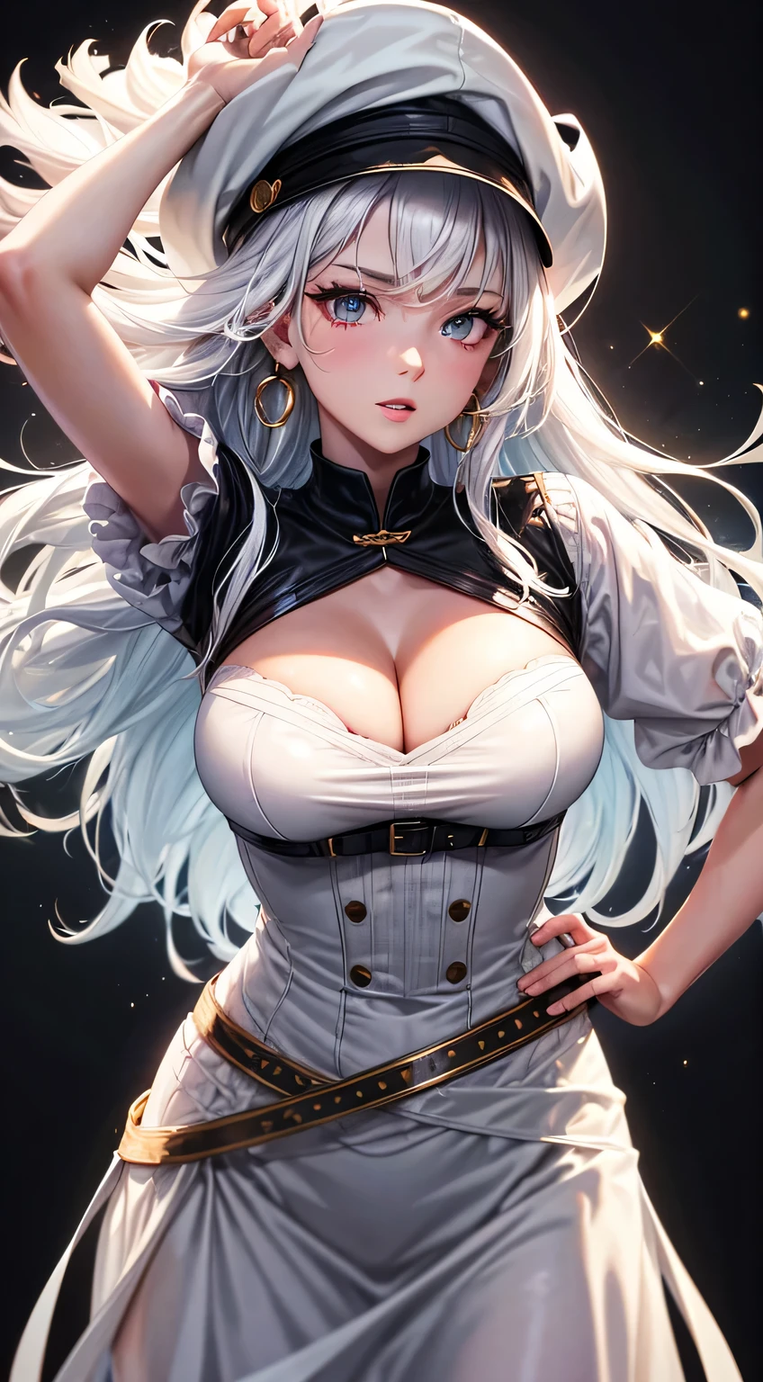 (best quality:1.5, highres, UHD, 4K, detailed lighting, shaders), white wavy hair, gradient hair, large breasts, black shirt, skirt jeans, mature woman , black Witcher hat, (pov), white background, colorful red eyeshadow, dramatic lighting, sparkling eyepression, golden earrings, flowing hair, delicate facial features, soft skin, high cheekbones, white background, stand up, lean forward.