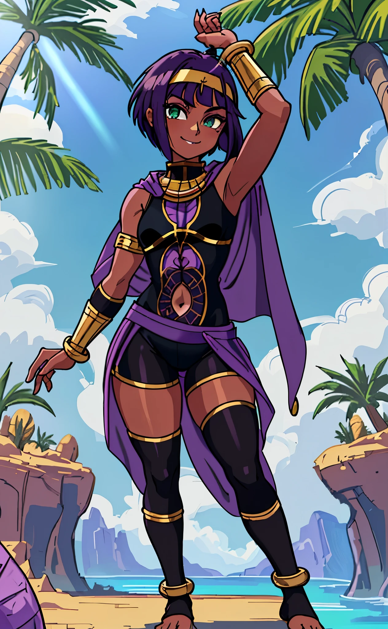 [Menat], ((Masterpiece)), ((High res)), ((HD)), ((solo portrait)), ((full body)), ((front view)), ((feet visible)), ((anime)), ((beautiful render art)), ((detailed shading)), ((intricate details)), {(beautiful woman), (dark skin), (cute green eyes), (long eyelashes), (short purple hair), (purple lipstick), (defined muscles), (beautiful legs), (beautiful feet), (blushing), (cute grin)}, {(black bodysuit), (yoga shorts), (navel cutout), (purple shawl), (black knee high socks), (toeless socks), (gold headband), (gold bracers), (gold anklets)}, {(standing), (looking at viewer)}, [Background; (desert oasis), (beautiful water), (palms tree), (blue sky), (sun rays)}