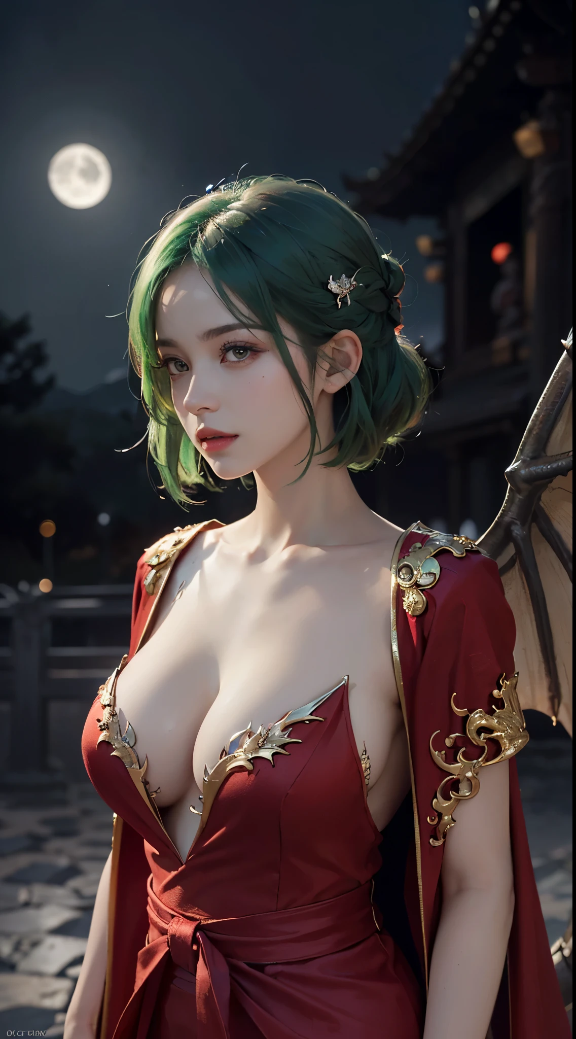 (UHD, retina, masterpiece, accurate, anatomically correct, textured skin, super detail, high details, high quality, best quality, high res, 1080P, HD, 4K, 8k, 16k), (beautiful detailed eyes, beautiful detailed lips, extremely detailed eyes and face), soft lighting, physically-based rendering, vivid colors, (large breasts:1.5), (portrait, shiny hair, shiny skin), eye reflection, (bokeh, temple, moonlight:1.5), (red dress, dragon robe, dragon corner, dragon wings, dragon tail:1.5), (green hair:1.2), bob cut,