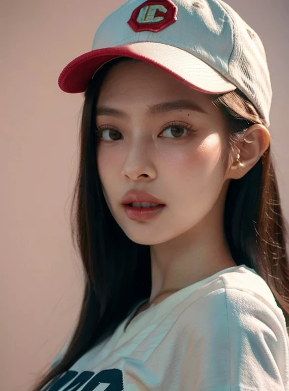 A close-up of a woman wearing a baseball cap and a t-shirt, Medio rosa, ava max, Kylie Jenner, Kailee Mandel, portrait Medio rosa, portrait of Medio rosa, 18 years, wearing a red backwards cap, violeta myers, Cerveza Madison, 16 years old, clear portrait of Medio rosa, con sombrero