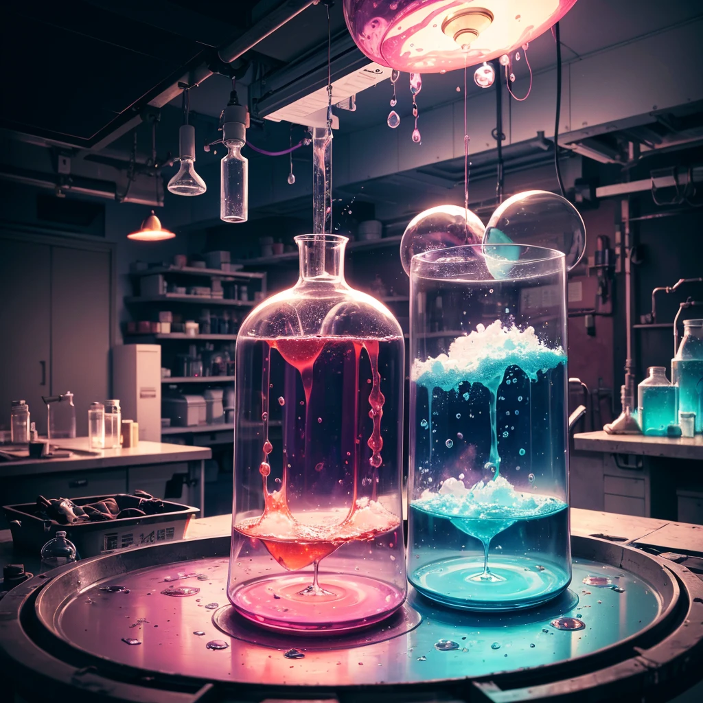 laboratory,frontview,dirty table,sience,experimental setup,blue,pink,green,purple,red,orange,bubbling smoking round boiling flask,absurdres,high res,ultrasharp,8K,Masterpiece