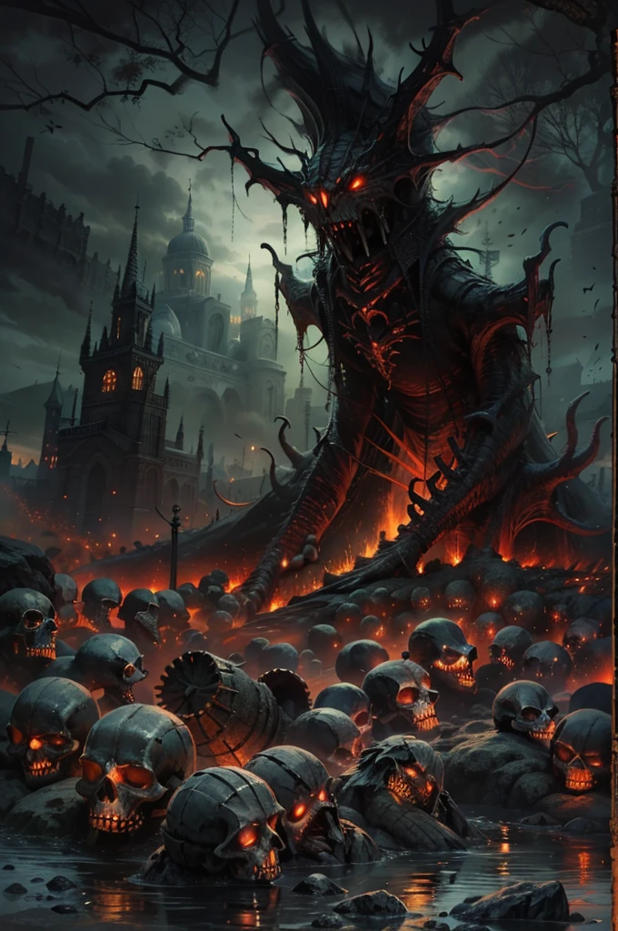 masterpiece, best quality, high resolution, 4k wallpaper, Shadow Isles, a murky landscape with several skulls strewn across the ground, paisagem de cor vermelha escura, demon skulls, demonio, noite escura, Castles in the background in darkness, horror art, creep, dark fantasy, ocultismo, decadence
