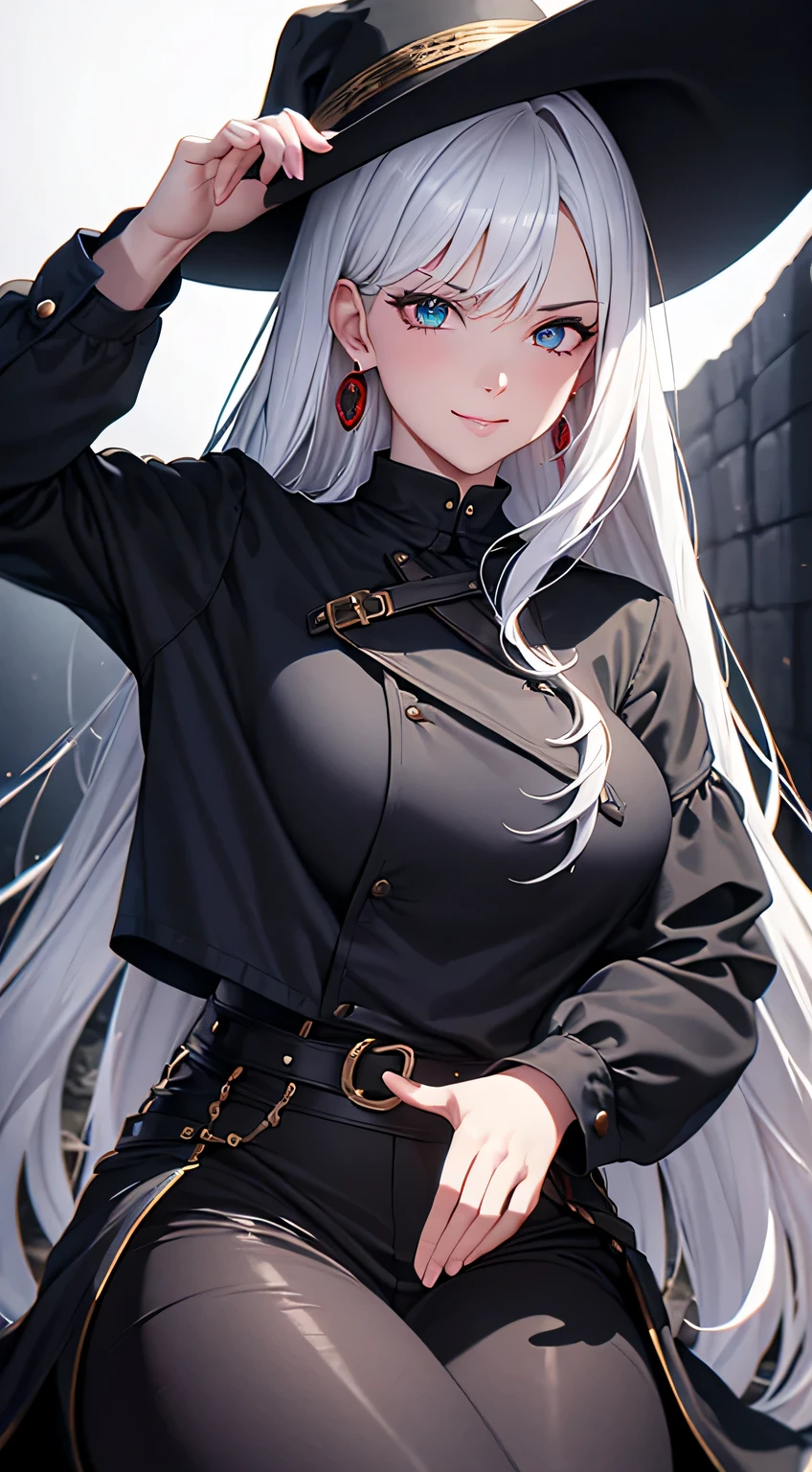 (best quality:1.5, highres, UHD, 4K, detailed lighting, shaders), white wavy hair, gradient hair, large breasts, black shirt, skirt jeans, mature woman , black Witcher hat, (pov), white background, colorful red eyeshadow, dramatic lighting, smile eyepression, golden earrings, flowing hair, delicate facial features, soft skin, high cheekbones, white background, stand up, lean forward, full body