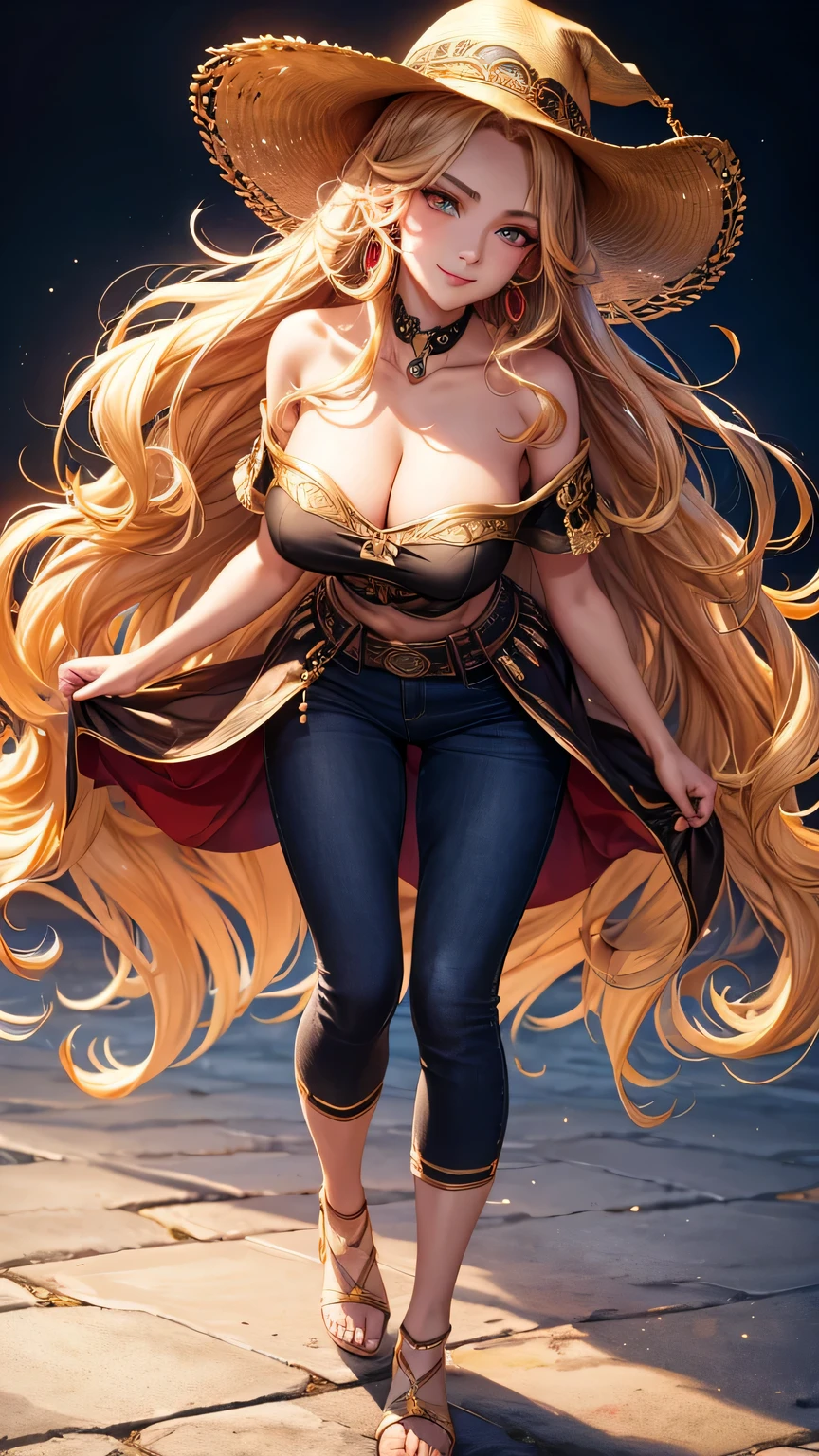 (best quality:1.5, highres, UHD, 4K, detailed lighting, shaders), gold wavy hair, gradient hair, large breasts, black shirt, skirt jeans, mature woman , red Witcher hat, (pov), white background, colorful red eyeshadow, dramatic lighting, smile eyepression, golden earrings, flowing hair, delicate facial features, soft skin, high cheekbones, white background, stand up, lean forward, full body