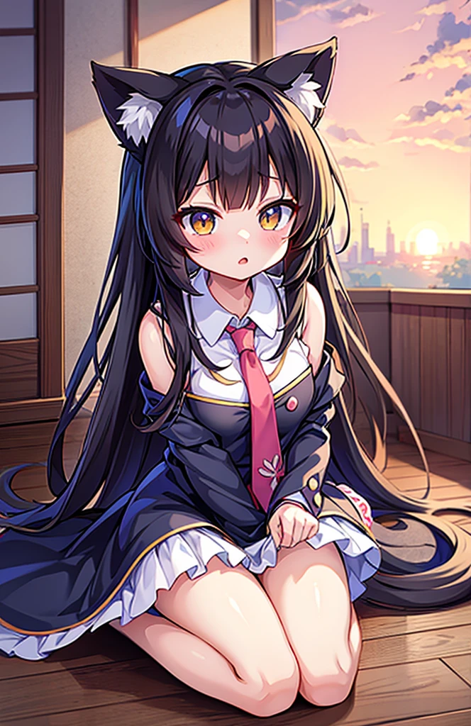 怪物少女,第三只眼睛,异色瞳孔,灰色皮肤,,全视图,无力,坐在地上anime girl with a cat tail and a tie sitting on the ground, seductive anime girl, anime catgirl, (sfw) safe for work, kemono, cute anime catgirl, anime moe artstyle, beautiful anime catgirl, holo is a wolf girl, rin tohsaka, nekomimi, shikamimi, catgirl, furr covering her chest