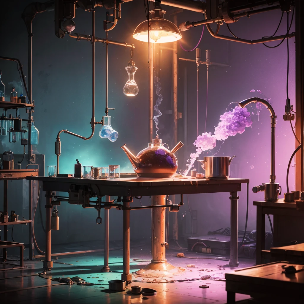 laboratory,frontview,dirty table,sience,experimental setup,blue,pink,green,purple,red,orange,bubbling smoking round boiling flask,absurdres,high res,ultrasharp,8K,Masterpiece