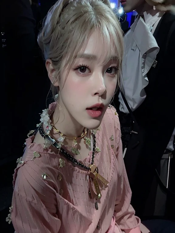 un primer plano de una persona con una camisa rosa y un collar, Jimin, Jimin\los labios carnosos, Jimin\la nariz griega, park Jimin, Jimin\tiene el párpado derecho hinchado, accurate Jimin face, yoongi de pelo negro, jossi de blackpink, cai xukun, portrait of jossi de blackpink, kim doyoung, desde 8k mate