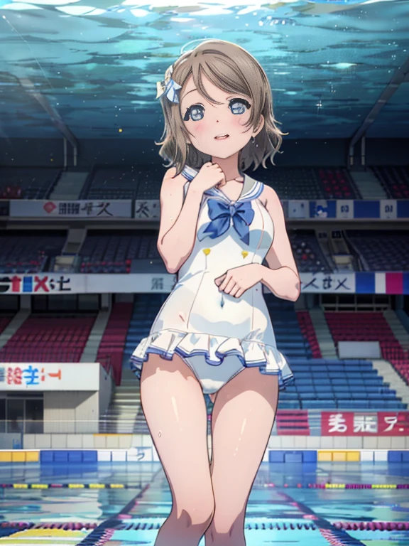 (((pixel perfect, Detail Perfect))), alone, 1 girl, Watanabe, bow, looking at the viewer, laughter,Happy atmosphere,barefoot、white competitive swimsuit、wet texture、beautiful big breasts、swimming stadium、pool、Audience seats、standing in water、Soak up to the chest、poolサイドに座り
