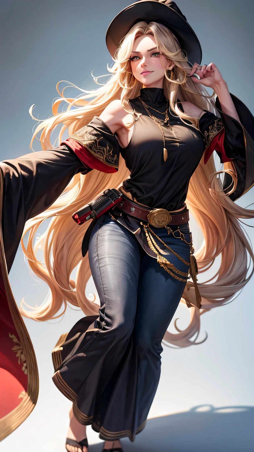 (best quality:1.5, highres, UHD, 4K, detailed lighting, shaders), gold wavy hair, gradient hair, large breasts, black shirt, skirt jeans, mature woman , red Witcher hat, (pov), white background, colorful red eyeshadow, dramatic lighting, smile eyepression, golden earrings, flowing hair, delicate facial features, soft skin, high cheekbones, white background, stand up, lean forward, full body