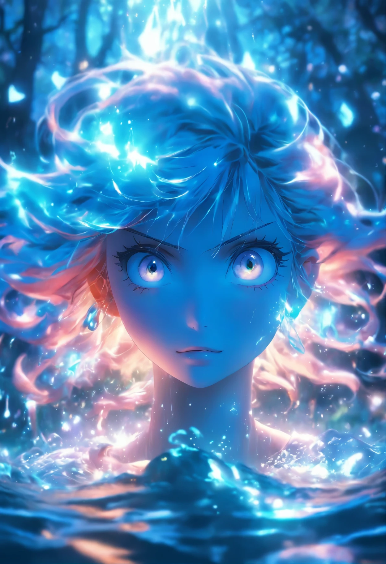 (best quality,4k,8k,highres,masterpiece:1.2),ultra-detailed,(realistic,photorealistic,photo-realistic:1.37), female with glowing blue sweet eyes, cian colored hair, casting glowing water spells, mystical forest, illustration, enchanted atmosphere, vibrant colors, soft lighting