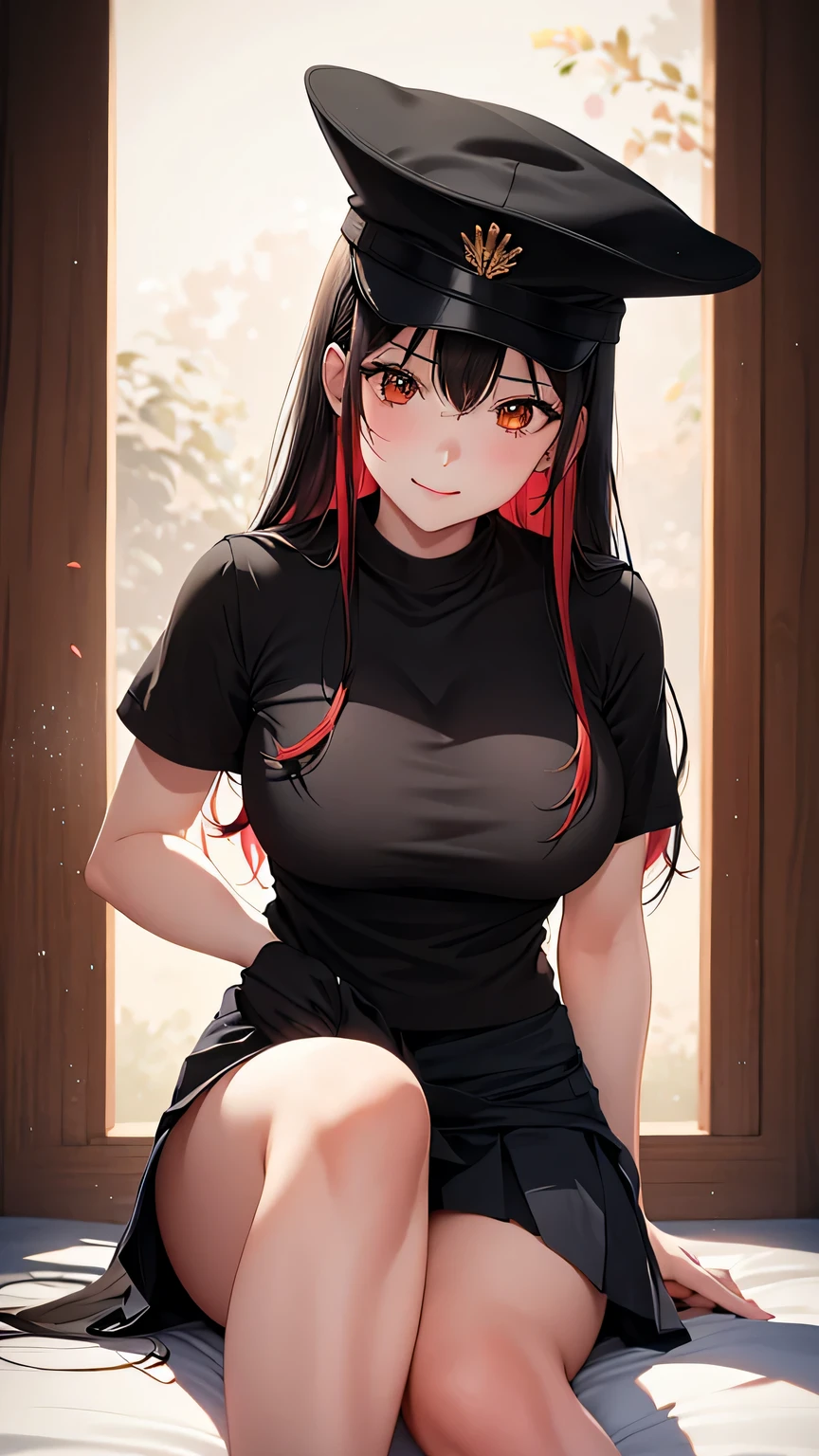 (best quality:1.5, highres, UHD, 4K, detailed lighting, shaders), gold wavy hair, gradient hair, large breasts, black shirt, skirt jeans, mature woman , red Witcher hat, (pov), white background, colorful red eyeshadow, dramatic lighting, smile eyepression, golden earrings, flowing hair, delicate facial features, soft skin, high cheekbones, white background, stand up, lean forward, full body