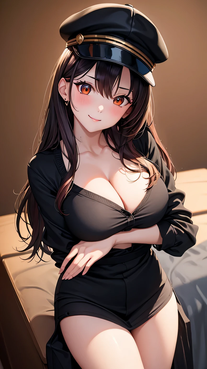 (best quality:1.5, highres, UHD, 4K, detailed lighting, shaders), gold wavy hair, gradient hair, large breasts, black shirt, skirt jeans, mature woman , red Witcher hat, (pov), white background, colorful red eyeshadow, dramatic lighting, smile eyepression, golden earrings, flowing hair, delicate facial features, soft skin, high cheekbones, white background, stand up, lean forward, full body