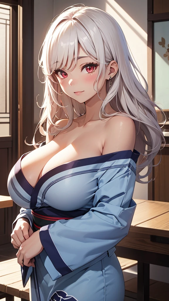 8k、quality、on the table、super high image quality、Super detailed、Super beautiful、Ultra-realistic hair textures、anime illustration、Surreal sensibility、Whole body ESBIAN、charming appearance、shave 、Japanese off-shoulder blue yukata、beautiful woman, red eyes、skin glowing、very huge、Japanese red lace、skin glowing 、clean skin、Japanese style room with daytime background, Big breasts 1.5,blush,