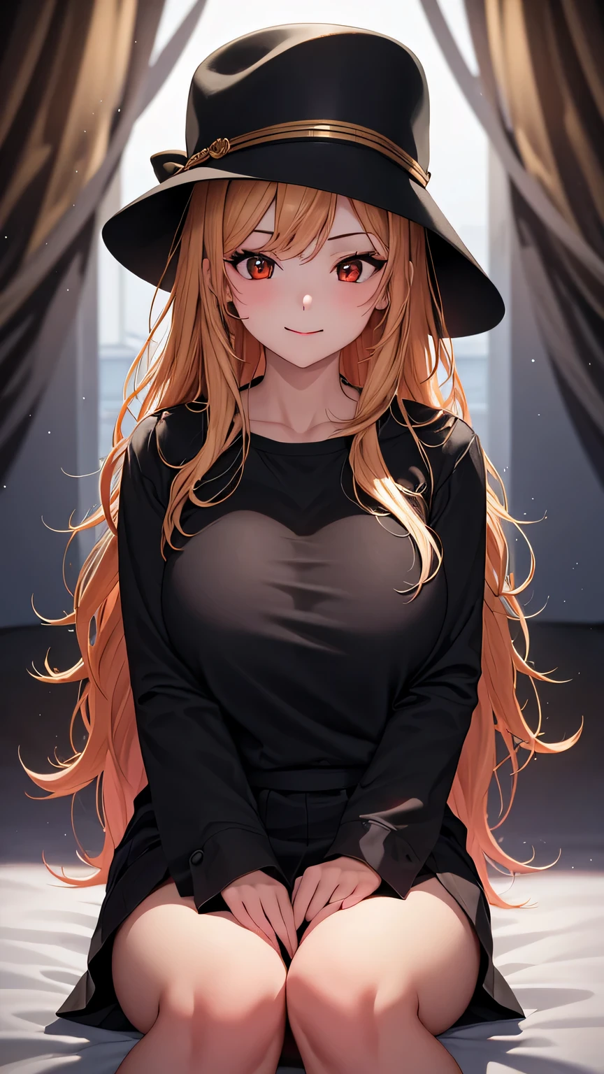 (best quality:1.5, highres, UHD, 4K, detailed lighting, shaders), gold wavy hair, gradient hair, large breasts, black shirt, skirt jeans, mature woman , red Witcher hat, (pov), white background, colorful red eyeshadow, dramatic lighting, smile eyepression, golden earrings, flowing hair, delicate facial features, soft skin, high cheekbones, white background, stand up, lean forward, full body