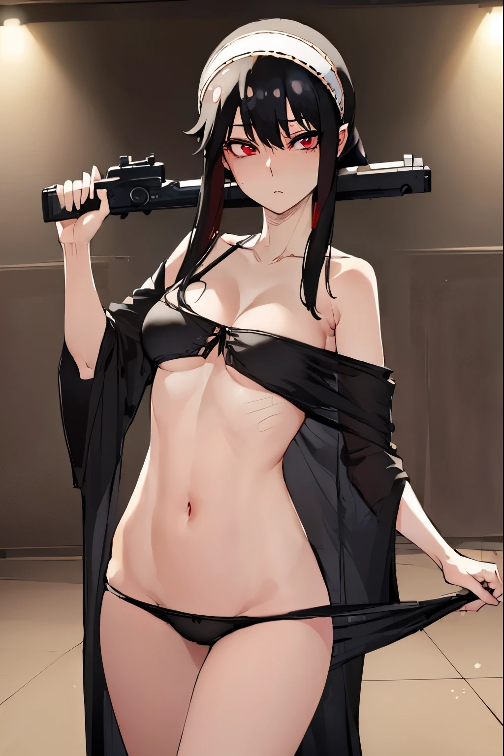 Yobriya Ratatata, briar rose tartare, Bangs, side lock, Headband, (red eyes:1.5), black hair,
rest cleavage, bare shoulders, underwear, clavicle, , underwear only, underwear,
rest indoors, floor,
rest looking at viewer, (cowboy shooting:1.5),
rest (masterpiece:1.2), best quality, high resolution, unified 8k wallpaper, (illustration:0.8), (Beautiful and delicate eyes:1.6), extremely detailed face, perfect lighting, Very detailed cg, (perfect hands, perfect anatomy),