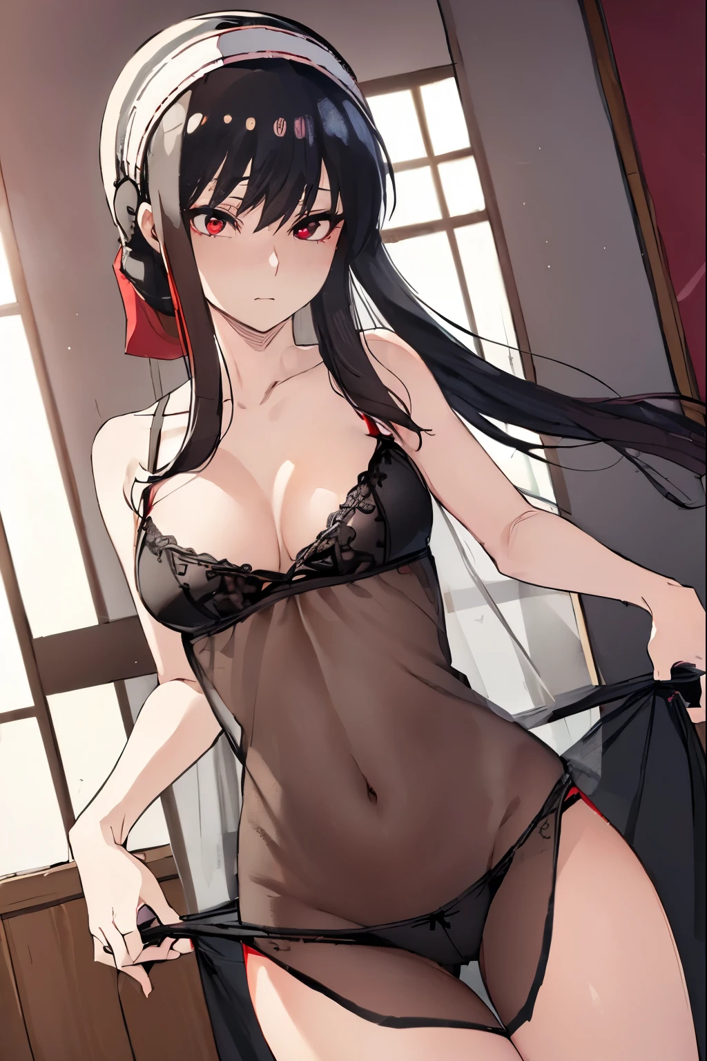 Yobriya Ratatata, briar rose tartare, Bangs, side lock, Headband, (red eyes:1.5), black hair,
rest cleavage, bare shoulders, underwear, clavicle, , underwear only, underwear,
rest indoors, floor,
rest looking at viewer, (cowboy shooting:1.5),
rest (masterpiece:1.2), best quality, high resolution, unified 8k wallpaper, (illustration:0.8), (Beautiful and delicate eyes:1.6), extremely detailed face, perfect lighting, Very detailed cg, (perfect hands, perfect anatomy),