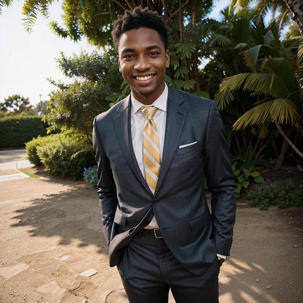 realistic portrait photography of a black business man wearing a tailored suit, athletic, wearing jewelry, standing in the sun light with a happy smile. the image captures the vibrant colors using a full frame dslr camera with a prime lens for crisp details and natural skin tones