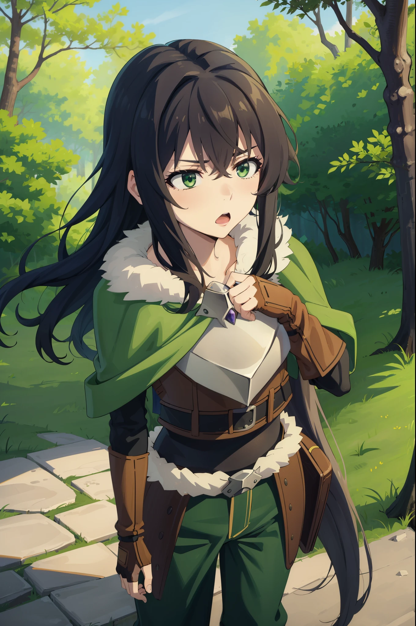 (masterpiece), best quality, expressive eyes, perfect face, highres, 1 girl, solo, (female body:1.3), iwatani naofumi girl, black hair, long hair, green eyes, fur trim, armor, green cape, pants, fingerless gloves, surprised expression,, outdoor, forest, trees, standing, portrait, looking at the viewer