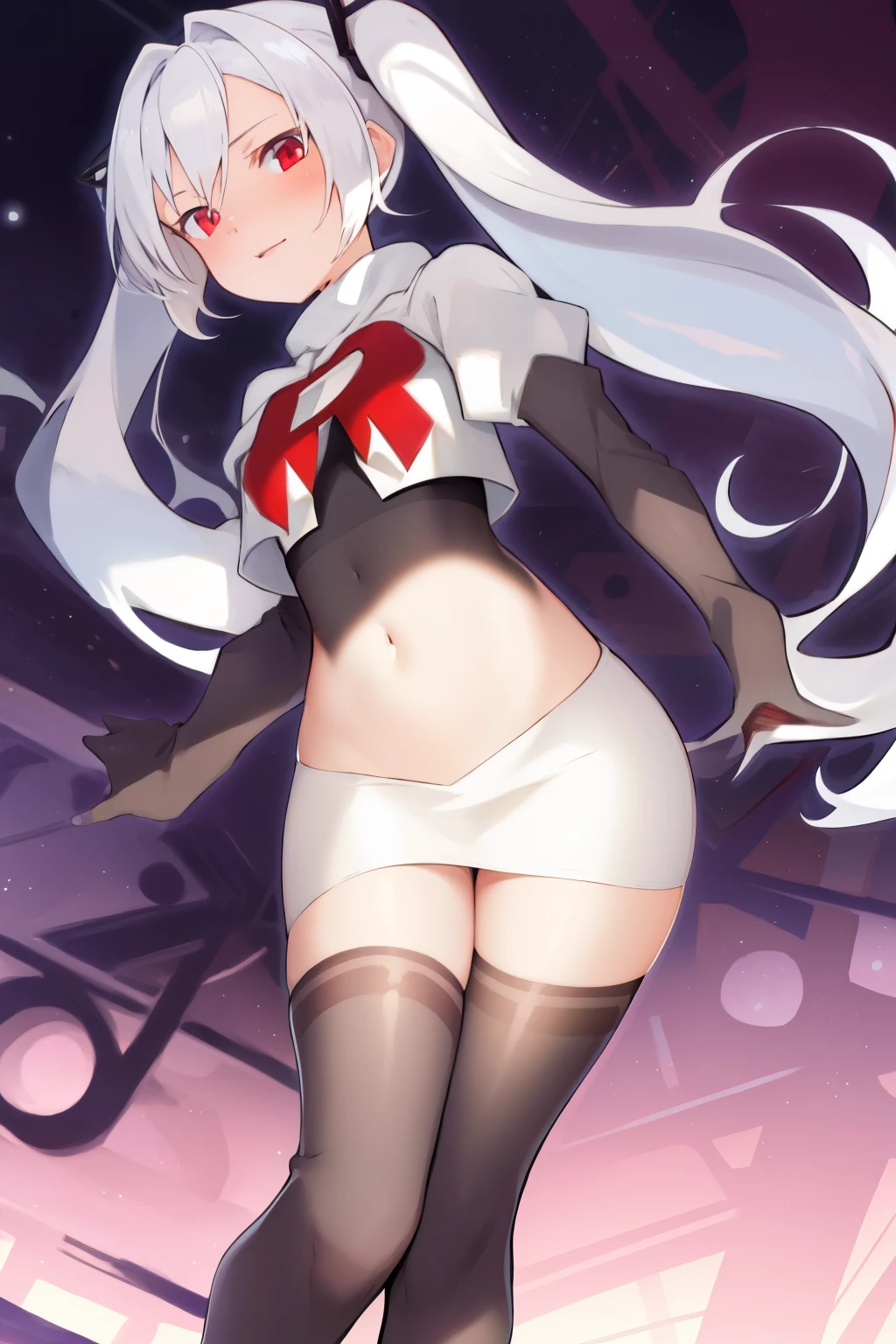 masterpiece:1.2,best quality:1.2, incredibly absurdres, absurdres, highres, wallpaper, colorful, anime,
1girl, solo, vampire \(azur lane\), petite, white hair, long hair, twintails, red eyes, adapted turret, team rocket,team rocket uniform,white skirt,red letter R,crop top,black thigh-highs,black elbow gloves