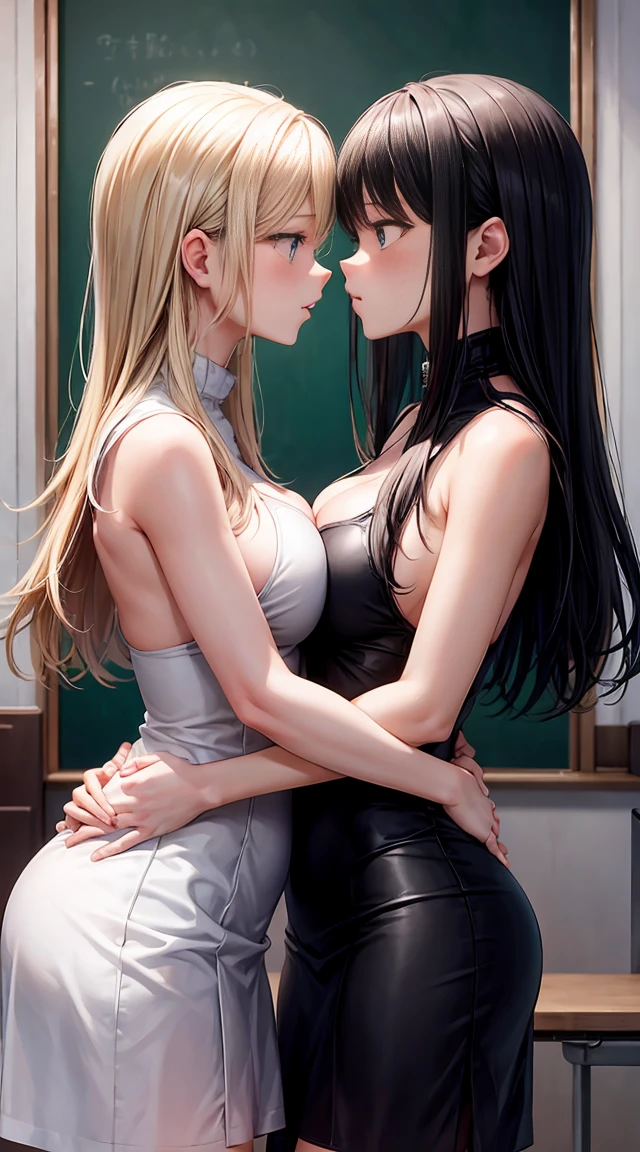 Two age girls,angry look,equivalent height,In the classroom,black and blonde hair,Facing each other and staring,hug each other,The two bodies are close to each other,kiss、kissing、Picture of two people、Holding hands and facing each other、Photograph of two people facing each other、Push each other、Stick your boobs and boobs together、tight dress、super big breasts