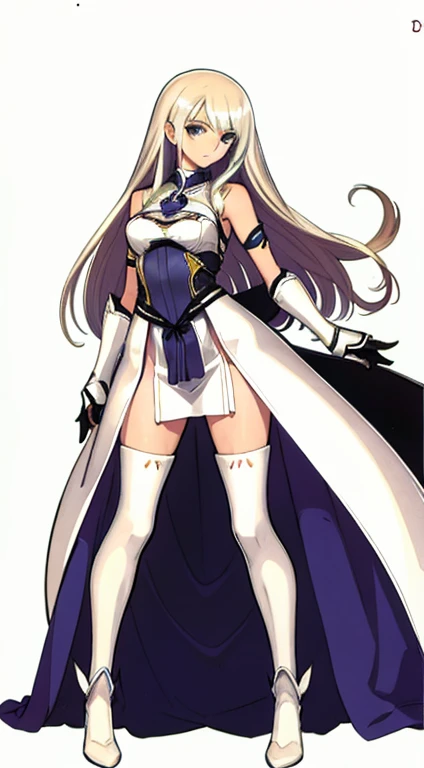 (((Best Quality))) , ((full body)), female, character design, solo, ( white background:1.3), holding staff, gauntlets, thigh high, side slit trench skirt, blue, green, violet, brown, white, colorful outfit, bare arms, bareback, Bust Bodice, bare waist, standing, casual dress,