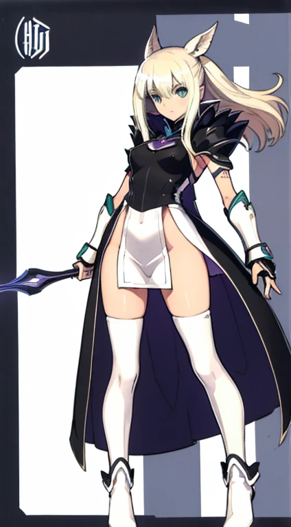 (((Best Quality))) , ((full body)), female, character design, solo, ( white background:1.3), holding staff, gauntlets, thigh high, side slit trench skirt, blue, green, violet, brown, white, colorful outfit, bare arms, bareback, Bust Bodice, bare waist, standing, casual dress,