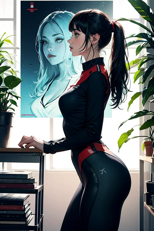 solo female priestess, female beautiful perfect body, corporation corporative style, bright, futuristic, fullbody, uniform sexual blue-green red, white sunlight rays interior lab, high tech lab with plants books beautiful futuristic, face profile sweet cute perfect, soviet poster epic positive style, super detailed, masterpiece, hq, 4k, high detalisation, sexual positive fun, semitransparent, side view walk, headset, device, cables, ponytail