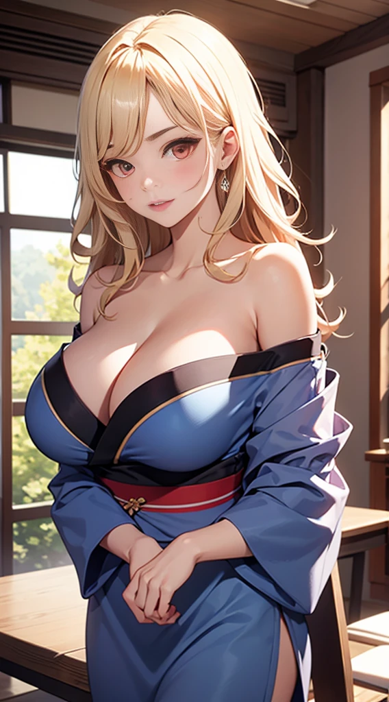 8k、quality、on the table、super high image quality、Super detailed、Super beautiful、Ultra-realistic hair textures、anime illustration、Surreal sensibility、Whole body ESBIAN、charming appearance、shave 、Off-the-shoulder blue yukata、beautiful woman, red eyes、skin glowing、very huge、Red lace breasts are super big、skin glowing 、clean skin、Japanese style room with daytime background, Big breasts 1.5，Face turned red，