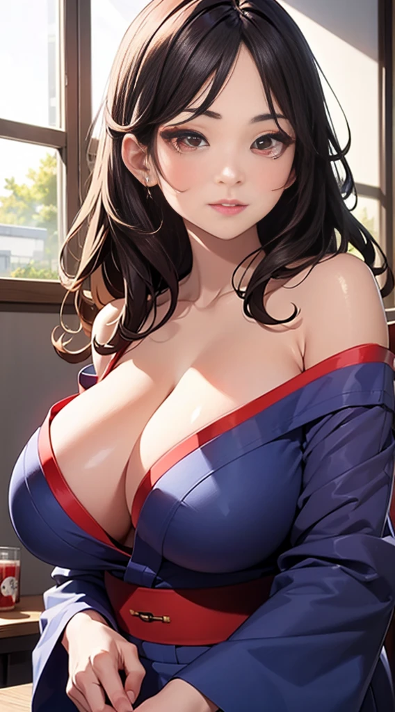 8k、quality、on the table、super high image quality、Super detailed、Super beautiful、Ultra-realistic hair textures、anime illustration、Surreal sensibility、Whole body ESBIAN、charming appearance、shave 、Off-the-shoulder blue yukata、beautiful woman, red eyes、skin glowing、very huge、Red lace breasts are super big、skin glowing 、clean skin、Japanese style room with daytime background, Big breasts 1.5，Face turned red，