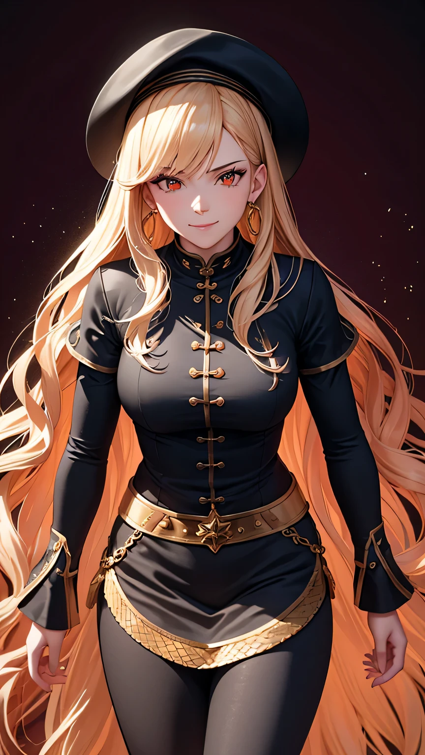 (best quality:1.5, highres, UHD, 4K, detailed lighting, shaders), gold wavy hair, gradient hair, large breasts, black shirt, skirt jeans, mature woman , red Witcher hat, (pov), white background, colorful red eyeshadow, dramatic lighting, smile eyepression, golden earrings, flowing hair, delicate facial features, soft skin, high cheekbones, white background, stand up, lean forward, full body