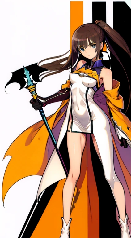 (((Best Quality))) , ((full body)), female, character design, solo, ( white background:1.3), holding staff, gauntlets, thigh high, side slit trench skirt, blue, green, violet, brown, orange, white, colorful outfit, bare arms, bareback, Bust Bodice, bare waist, standing, casual dress,