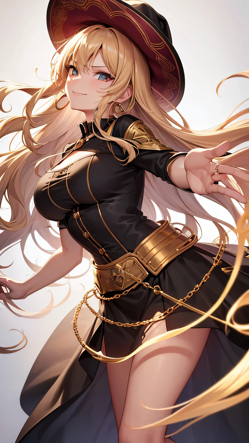 (best quality:1.5, highres, UHD, 4K, detailed lighting, shaders), gold wavy hair, gradient hair, large breasts, black shirt, skirt jeans, mature woman , red Witcher hat, (pov), white background, colorful red eyeshadow, dramatic lighting, smile eyepression, golden earrings, flowing hair, delicate facial features, soft skin, high cheekbones, white background, stand up, lean forward, full body