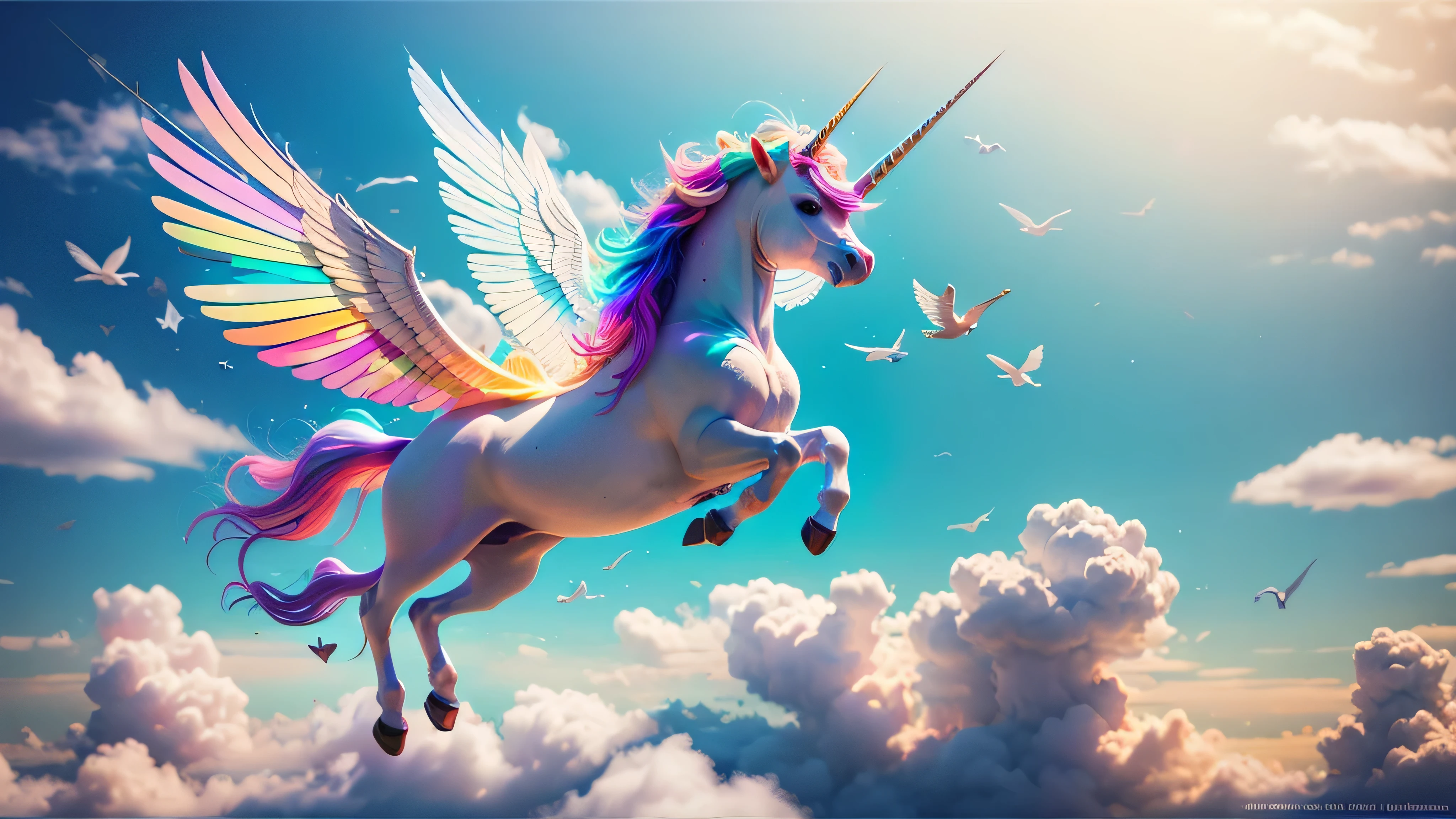 flying unicorn, rainbow, colorful, realistic, high quality, sharp focus, high details,