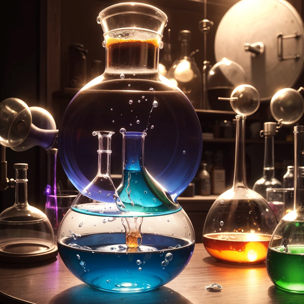 laboratory,round glass flask,frontview,dirty table,sience,experimental setup,blue,pink,green,test tube,purple,red,orange,bubbling smoking round boiling flask,absurdres,high res,ultrasharp,8K,Masterpiece