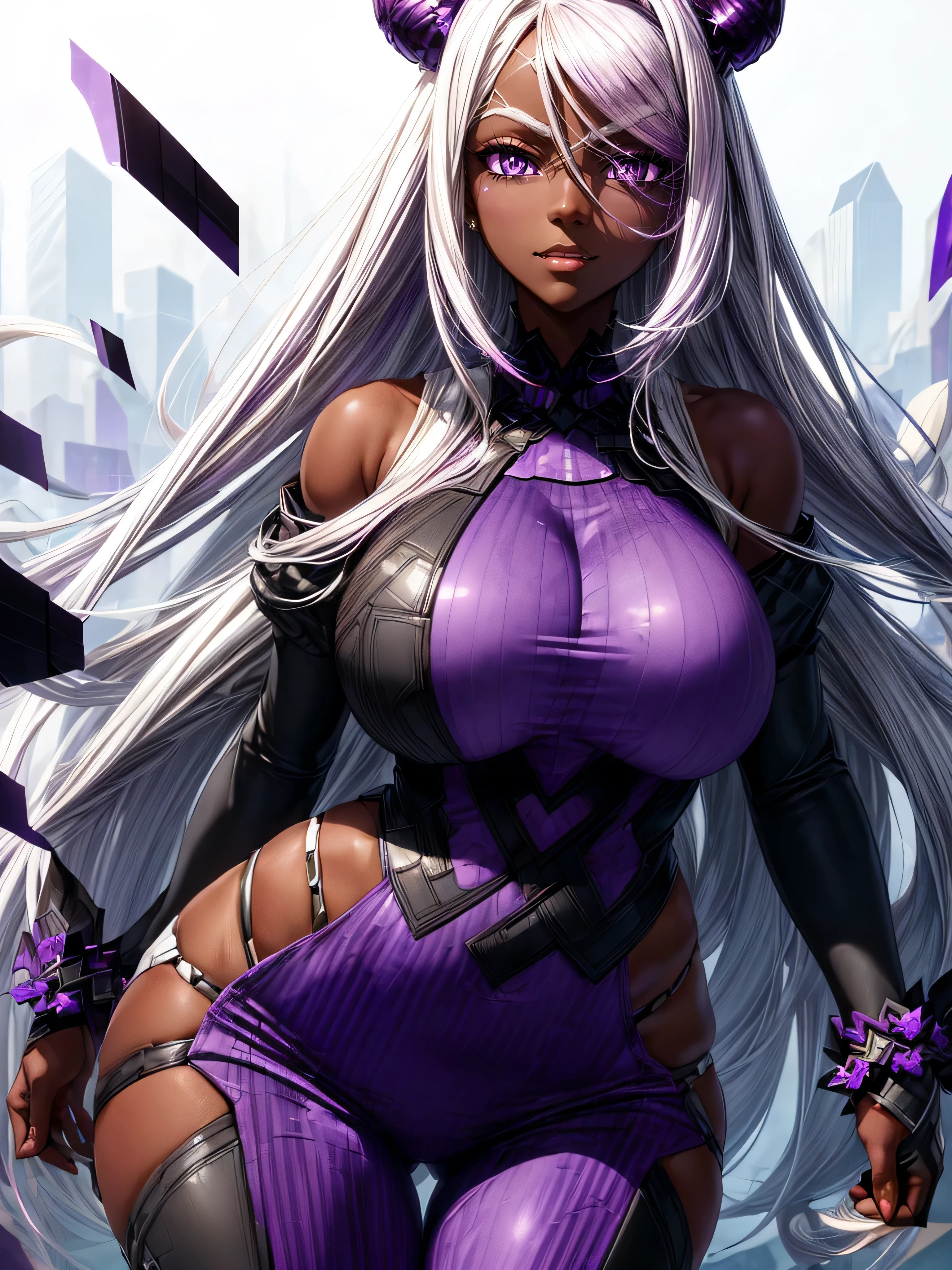 1girl, masterpiece, perfect face, ((((darkskin)))), (((((purple eyes))))), (White hair), ((perfection)), (((perfect eyes))), standing up, (glitching photo), grinning, hourglass body, (thicc), ((Portrait)),