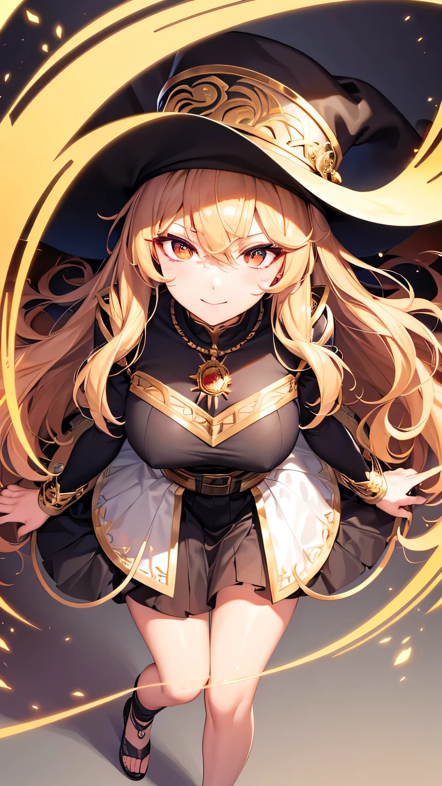 (best quality:1.5, highres, UHD, 4K, detailed lighting, shaders), gold wavy hair, gradient hair, large breasts, black shirt, skirt jeans, mature woman , red Witcher hat, (pov), white background, colorful red eyeshadow, dramatic lighting, smile eyepression, golden earrings, flowing hair, delicate facial features, soft skin, high cheekbones, white background, stand up, lean forward, full body