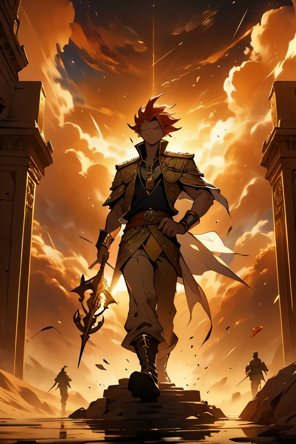 a pharaoh with red and white hair, olhos castanhos, vestindo um uniforme militar amarelo, olhando para o horizonte em meio de uma cidade de areia desmoronando. He is standing, floating outfit holding a scepter with both hands, estilo de arte de yugioh, dramatic lighting, altamente detalhado, roupa amarelas, tematica militar