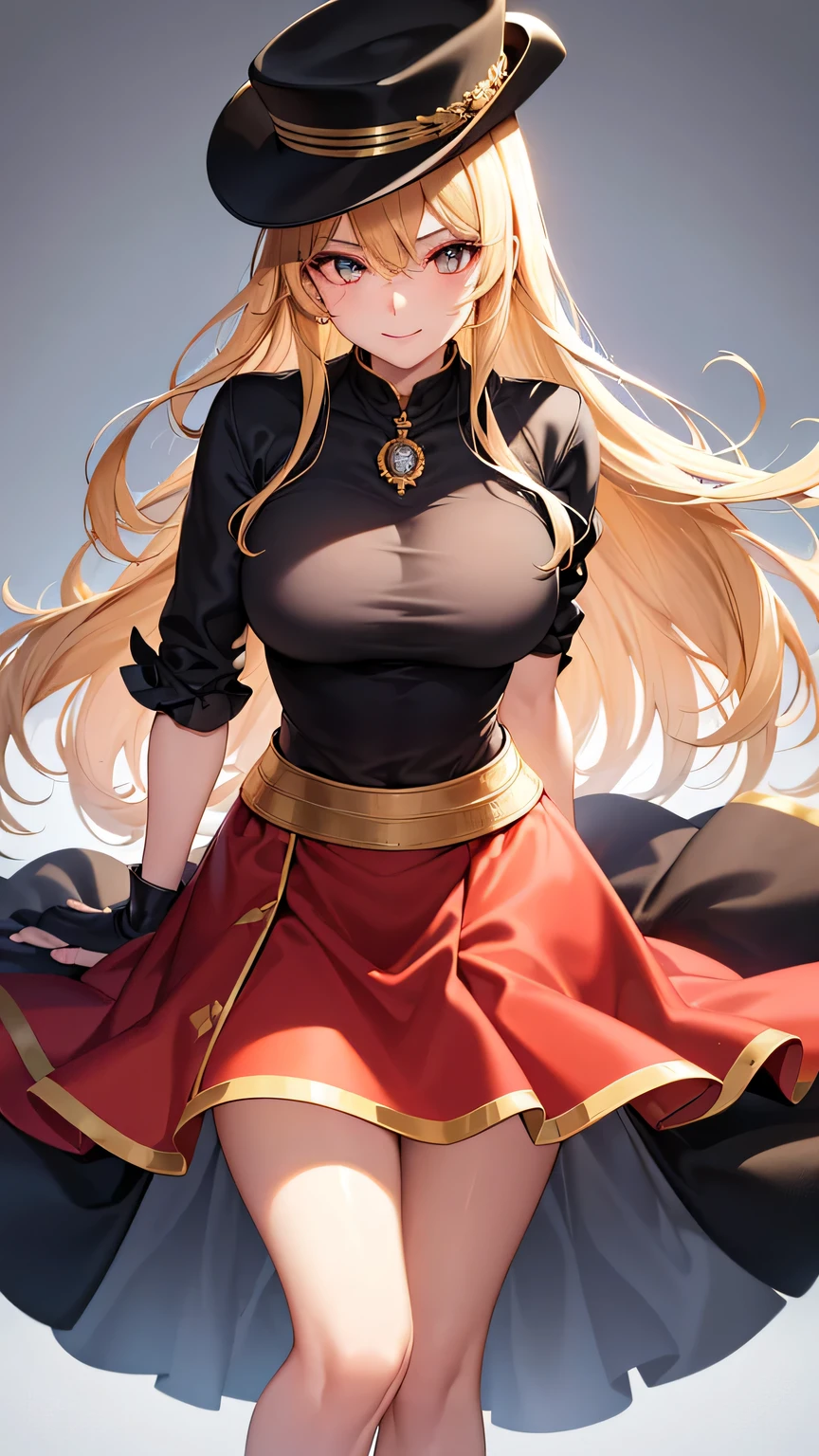 (best quality:1.5, highres, UHD, 4K, detailed lighting, shaders), gold wavy hair, gradient hair, large breasts, black shirt, skirt jeans, mature woman , red Witcher hat, (pov), white background, colorful red eyeshadow, dramatic lighting, smile eyepression, golden earrings, flowing hair, delicate facial features, soft skin, high cheekbones, white background, stand up, lean forward, full body