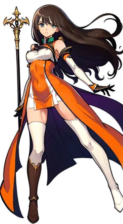 (((Best Quality))) , ((full body)), female, character design, solo, ( white background:1.3), holding staff, gauntlets, thigh high, side slit trench skirt, (blue or green or violet or brown or orange or white outfit), colorful outfit, bare arms, bareback, Bust Bodice, bare waist, standing, casual dress,
