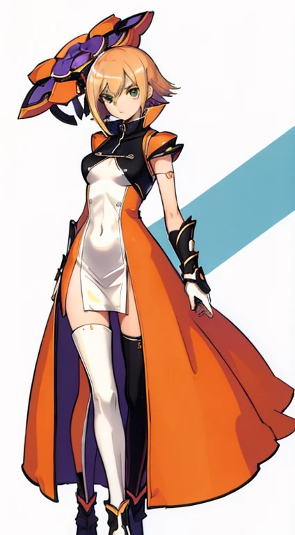 (((Best Quality))) , ((full body)), female, character design, solo, ( white background:1.3), holding staff, gauntlets, thigh high, side slit trench skirt, (blue or green or violet or brown or orange or white outfit), colorful outfit, bare arms, bareback, Bust Bodice, bare waist, standing, casual dress,
