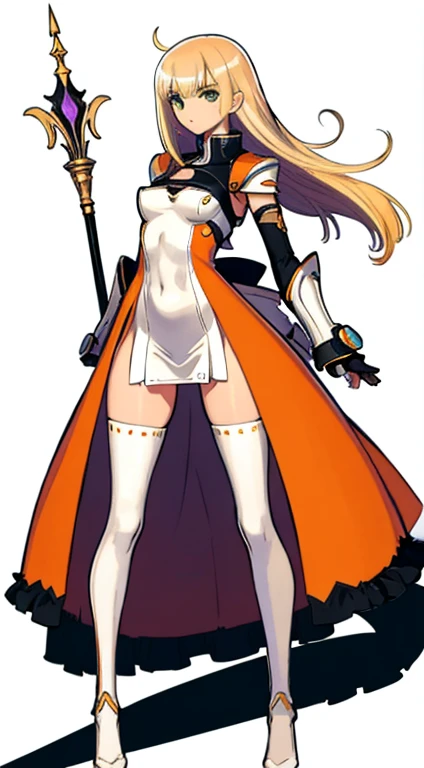(((Best Quality))) , ((full body)), female, character design, solo, ( white background:1.3), holding staff, gauntlets, thigh high, side slit trench skirt, (blue or green or violet or brown or orange or white outfit), colorful outfit, bare arms, bareback, Bust Bodice, bare waist, standing, casual dress,