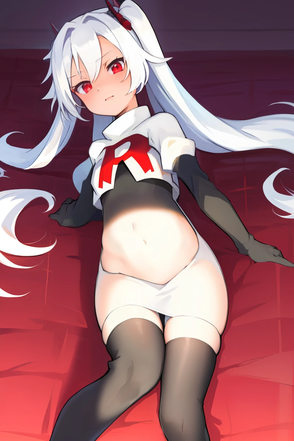 masterpiece:1.2,best quality:1.2, incredibly absurdres, absurdres, highres, wallpaper, colorful, anime,
1girl, solo, vampire \(azur lane\), petite, white hair, long hair, red hair ribbons,twintails, red eyes, adapted turret, team rocket,team rocket uniform,white skirt,red letter R,crop top,black thigh-highs,black elbow gloves