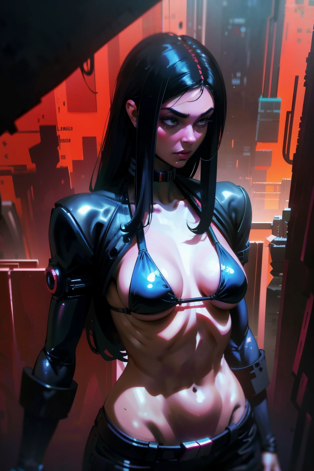 obra-prima, melhor qualidade, seios pequenos, 1girl, cabelo curto, cabelo moicano, cabelo vermelho,  Cyberpunk bikini red and black, sexy, Futuristic cyberpunk, cyberpunk, corpo inteiro