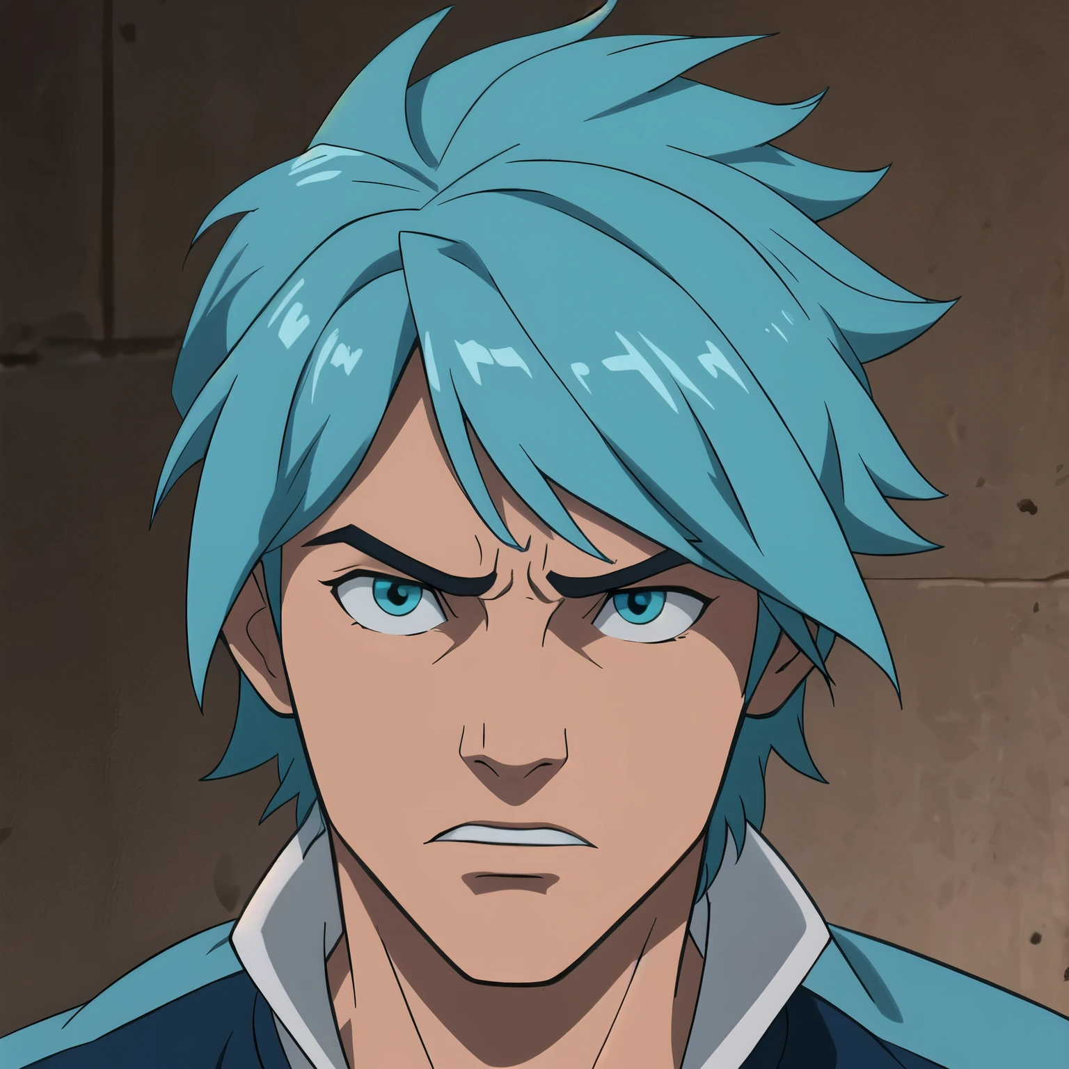 Parzival male, aqua color hair, exaggerated scared expression, one person headshot 