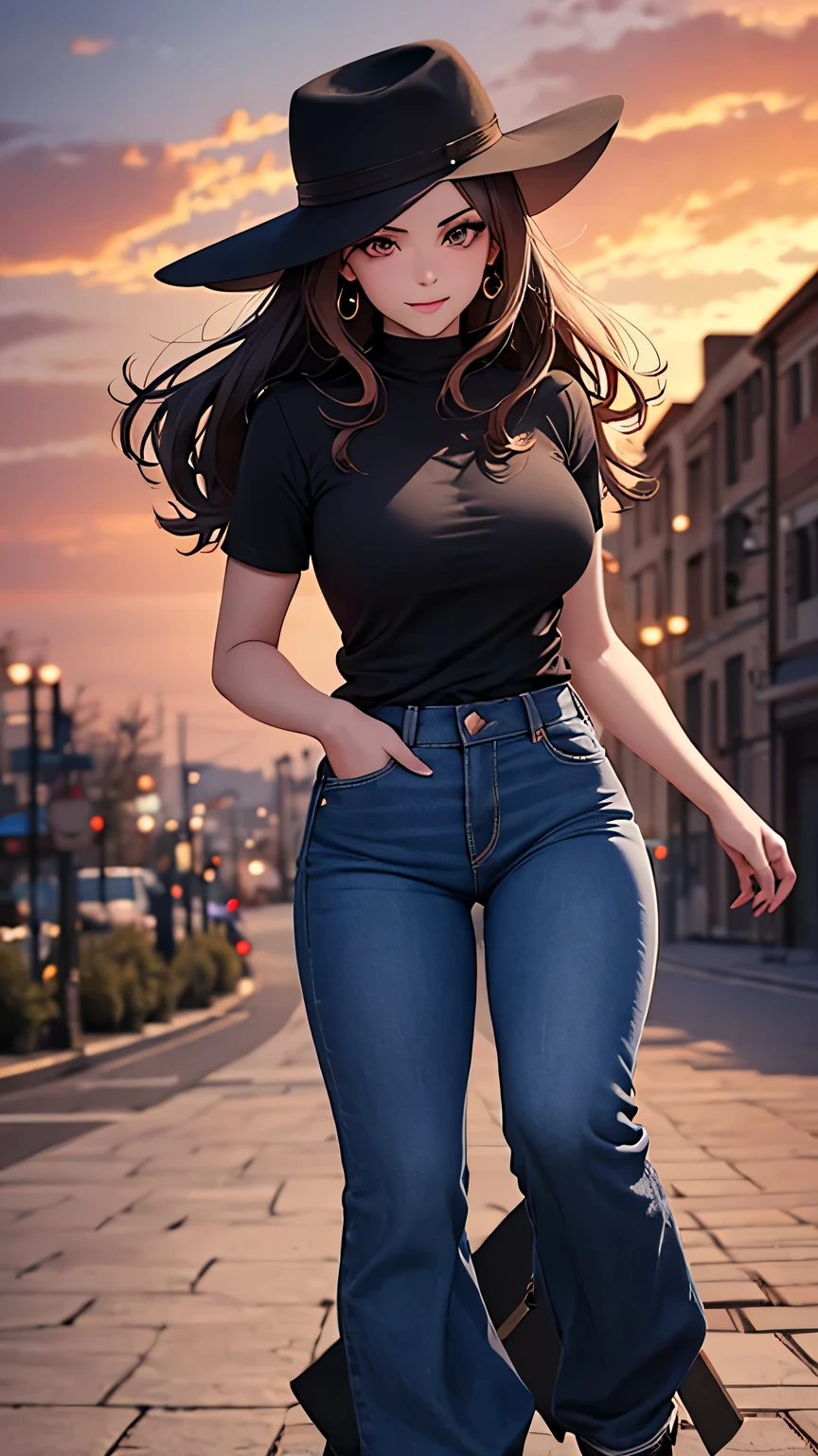 (best quality:1.5, highres, UHD, 4K, detailed lighting, shaders), white wavy hair, gradient hair, large breasts, black shirt, skirt jeans, mature woman , black Witcher hat, (pov), white background, colorful red eyeshadow, dramatic lighting, smile eyepression, golden earrings, flowing hair, delicate facial features, soft skin, high cheekbones, white background, stand up, lean forward, full body